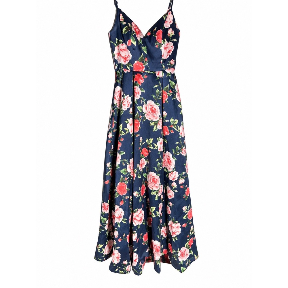 Windsor Navy Floral Rose Maxi Dress V-Neck Pleated Formal Gown Pockets Size 5/6